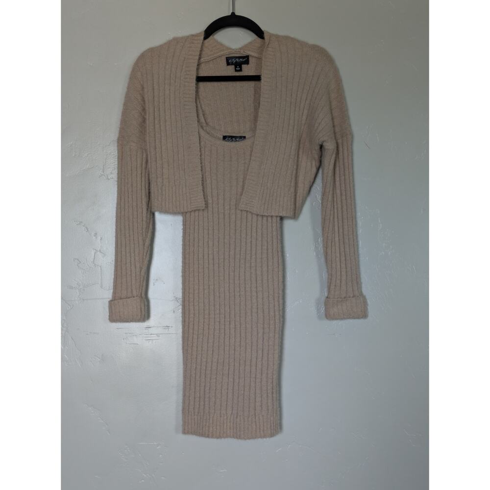 Y2K‎ Beige Ribbed Knit Sweater Dress Set Juniors Size Small Soft Bodycon Knit